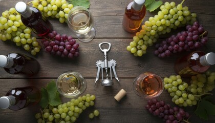 White and rosé wine bottles with glasses, fresh green and red grapes, and a corkscrew in a rustic still life on a dark wooden table, shot from a top-down perspective
