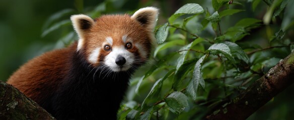 Obraz premium Red panda ascending a tree branch within its natural forest habitat.