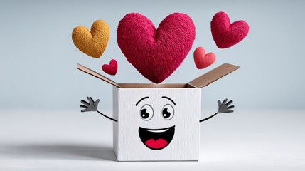 A cartoon box with a smiling face and hearts on top of it. The box is open and the cartoon character is happy