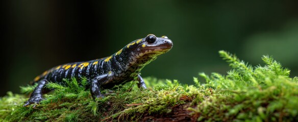 Obraz premium Salamander climbs mossy log filled with quiet forest mystery and gentle life.