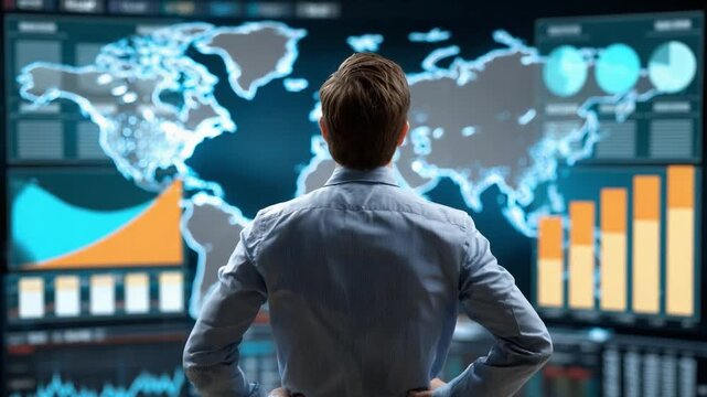 Data analyst: A focused analyst is immersed in a dynamic display of global market data, interpreting complex charts, graphs, and maps, indicative of technological advancement.