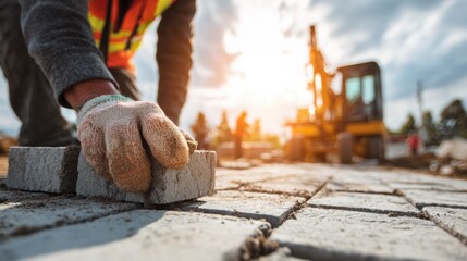 Construction Worker Laying Pavers on Outdoor Site with Bulldozer in Background Under Cloudy Evening Sky at Construction Project
