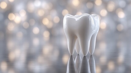 Realistic close-up of a shiny white tooth model on a reflective surface with a blurred bokeh background, symbolizing dental health and hygiene importance