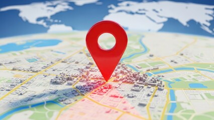 Red map pin location marker on a 3d city map with globe