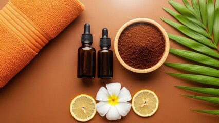 Spa treatment setup with essential oil, scrub, flower, and lemon