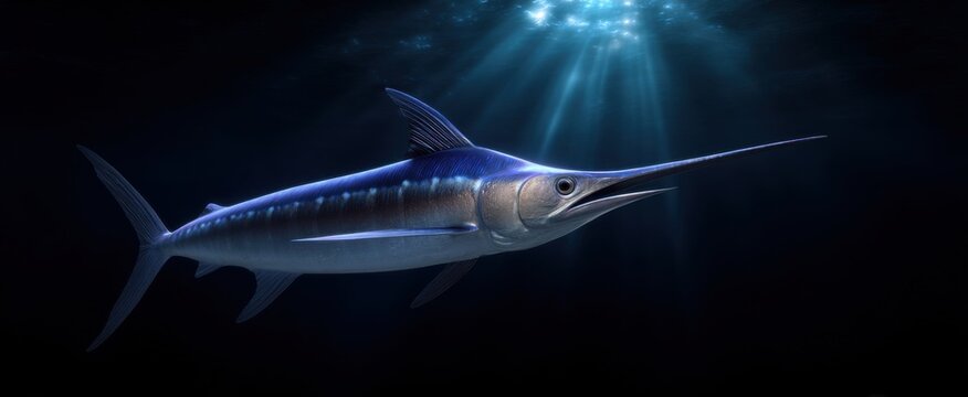 Swordfish chasing prey fast in the deep blue sea waters.