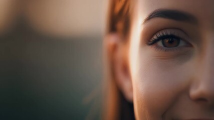 Close-up video of a woman's face with soft, warm lighting, conveying intimacy and natural beauty for skincare or beauty product advertising