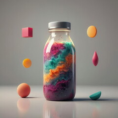 A sleek 3D visualization of a modern smoothie bottle with dynamic swirling layers, representing energy, vitamins, and healthy living through vibrant abstract visuals.