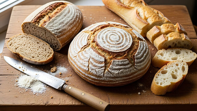 Artisan bread assortment with sliced baguette and rustic loaf on wooden board