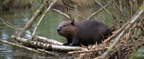 Obraz premium The beaver is a busy architect crafting nature’s fortress in the wetland.