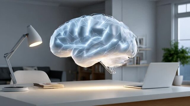Brainwave Concept: An illuminated brain floats above a desk, a symbol of innovation, creativity, and the power of thought in a modern workspace.