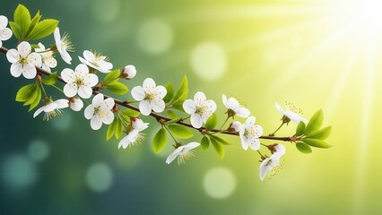 Blooming cherry blossom branch with bright sun flare and bokeh