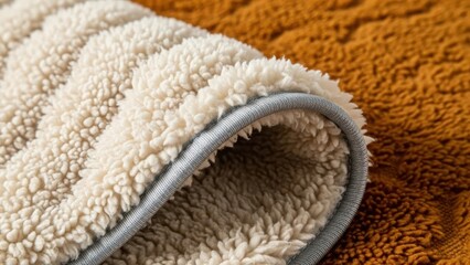 Close up of soft beige sherpa fleece blanket edge with brown texture