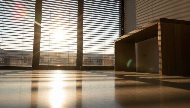 Golden hour sunlight streaming through window blinds creating dramatic long shadows and reflections on a polished concrete floor inside a modern, empty room