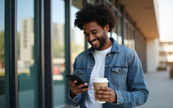 Black young adult man standing outdoors holding smartphone in one hand and disposable coffee cup in other hand, smiling while looking at mobile device near glass building. High quality
