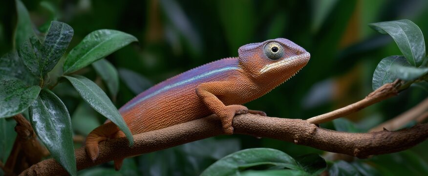 The vibrant chameleon slowly changing color on a sturdy tree branch.