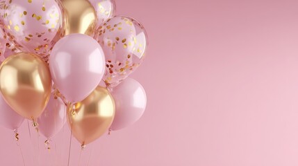 Elegant collection of pink and gold balloons with confetti on a soft pink background for celebration or party decoration inspiration