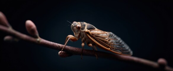 Obraz premium The cicada clings like a tiny knight on a thin brown twig close-up.