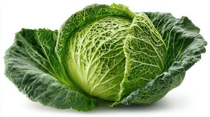 Fototapeta premium Fresh Green Cabbage with Crisp Leaves, Natural Organic Vegetable for Healthy Eating, Culinary Photography, Fresh Produce, Nutrient-Rich Food