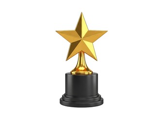 Golden star trophy award on a black pedestal against a white background.