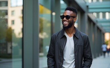 Young adult Black man walking outdoors near glass building, wearing sunglasses and smiling, confident expression, modern urban setting reflected in background window. High quality