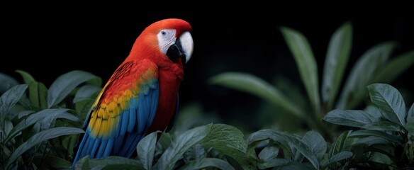 Obraz premium The colorful macaw sits amid dense vibrant greenery.