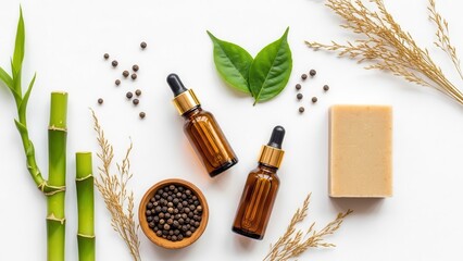 Natural cosmetic oil bottles and soap with botanical element isolated on white background