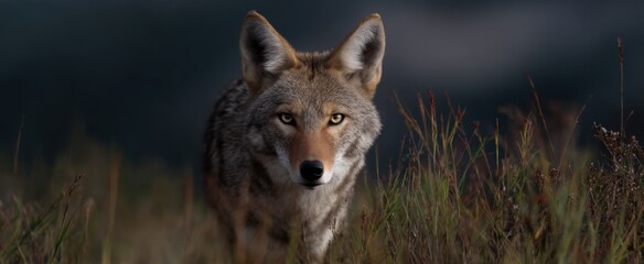 Obraz premium The coyote quietly stalks its prey across natural terrain.