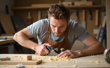 Young adult Caucasian man working with wood using hand planer in carpentry workshop, focusing on smoothing wooden surface, wearing apron, surrounded by wood shavings and tools. High quality