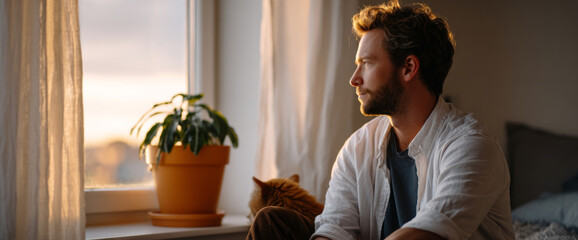 Thoughtful young man sitting indoors near window with potted plant and cat during warm natural light sunset