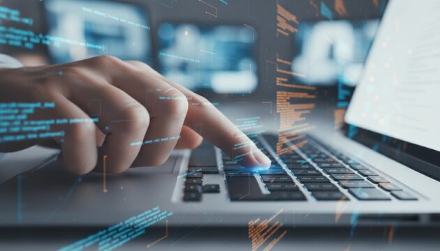 Human finger pressing a glowing key on a modern laptop keyboard with a futuristic holographic overlay of programming code and data analytics - Powered by Adobe