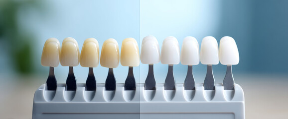 Dental shade guide showing a range of tooth colors from yellowish to bright white for teeth whitening comparison and selection