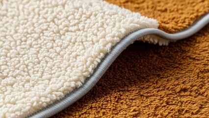 Closeup texture of soft, twotone sherpa fleece fabric with binding edge