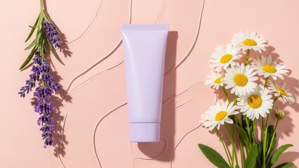 Cosmetic cream tube with lavender and daisy flower on pink background