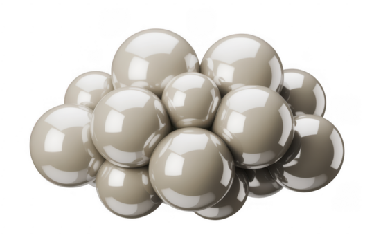 Cluster of smooth glossy beige spheres with reflections on black background isolated on a transparent background