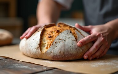 Close up of artisanal sourdough bread production on small bakery. New normal covid-19 economic recovery profession change storytelling concept. High quality