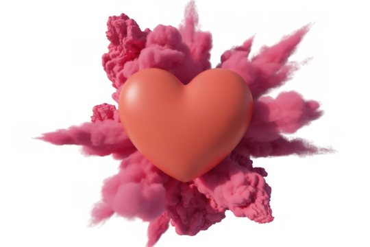 Coral heart shape emerging from pink smoke explosion isolated on a transparent background