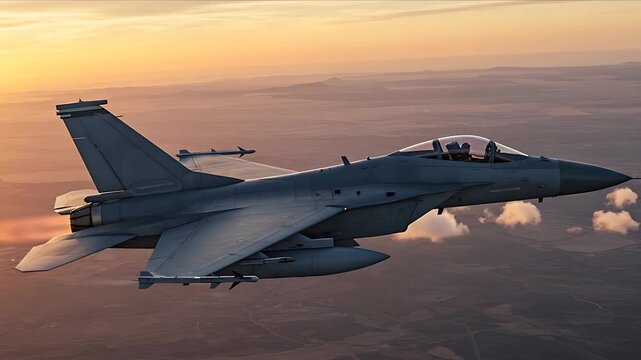 Epic Flight: F-15 Eagle Jet Soaring Above Mountains at Sunset, Capturing Power and Grace