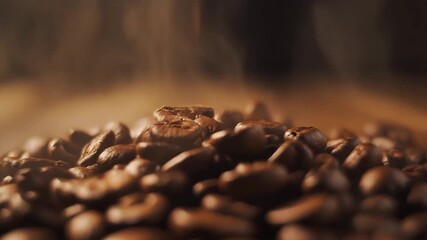 Steaming fresh coffee beans falling onto a rustic wooden surface, aromatic and inviting, perfect for cafe promotions or morning energy themes