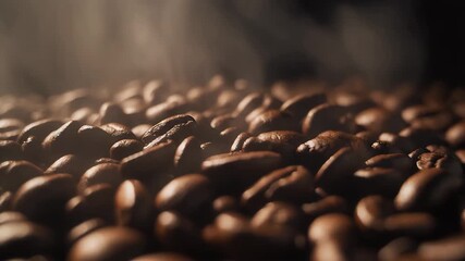 Freshly roasted coffee beans steaming with rich aroma ready for brewing a perfect morning cup, invoking warmth and comfort in every sip
