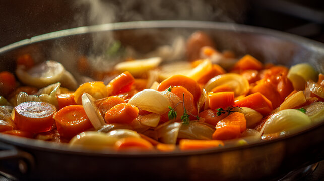 Close up view of steaming carrots and onions cooking in a pan on a stovetop surface indoors