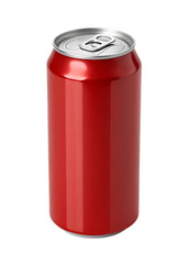 Isolated close up of a red aluminum can with a silver top on a plain white background view