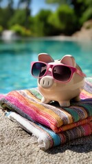 Beige piggy bank in bright pink sunglasses on colorful striped beach towel near turquoise pool.