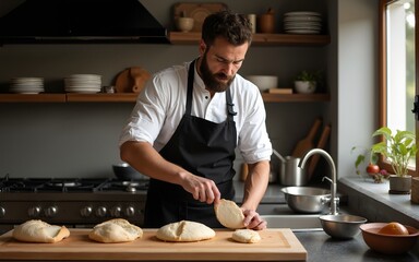 Male cook waiting for bread cooking. High quality