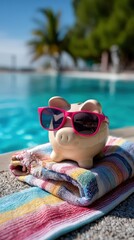 Beige piggy bank in bright pink sunglasses on colorful striped beach towel near turquoise pool.