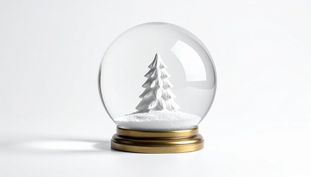 A solitary white Christmas tree encased in a clear snow globe, creating a festive winter scene