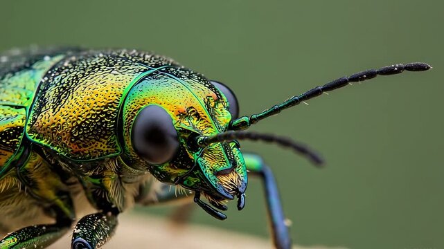 Extreme close-up video of a Jewel beetle showcasing its iridescent colors and intricate details,
