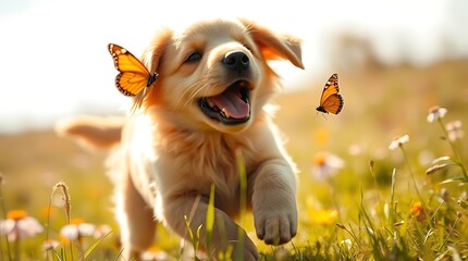 An ultra-realistic depiction of a playful golden retriever puppy chasing a butterfly in a sun-drenched meadow, motion blur, joyful, candid photography