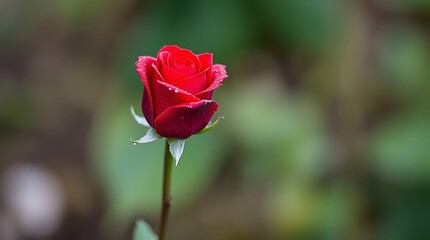 An ultra-realistic photograph of a solitary red rose with dew drops, presented in a close-up macro shot, with a shallow depth of field blurring the background into a soft bokeh of greens and browns