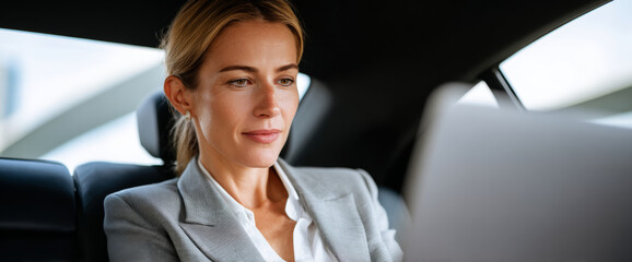 Professional woman working on laptop inside car during commute, focused businesswoman in formal attire using technology
